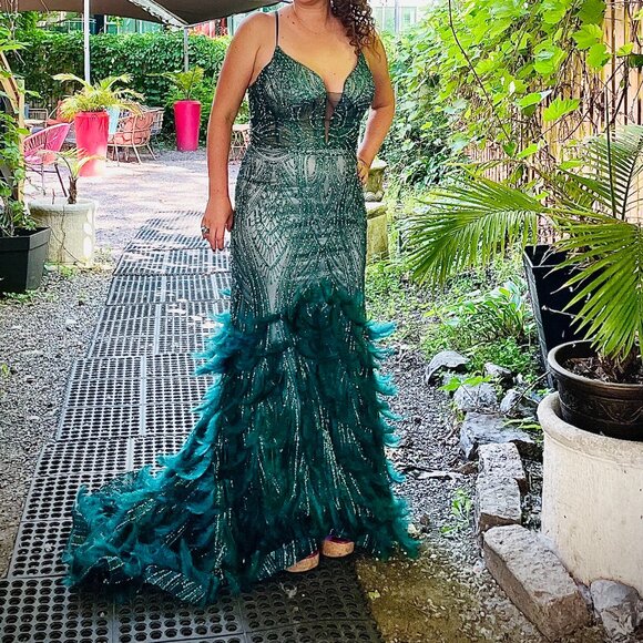 Emerald Sequin & Feather Gown – Size 14, Worn Once - Picture 1 of 6